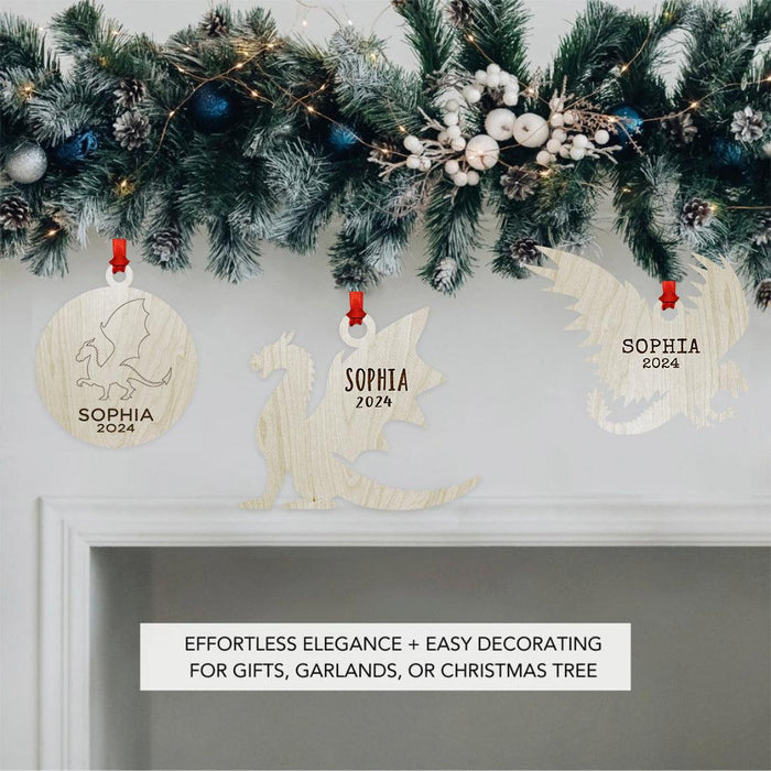 Set of 1 Laser Engraved Custom Christmas Dragon Ornament 20XX for Tree Unique Holiday Decor-Set of 1-Andaz Press-Round Laser Engraved Dragon-