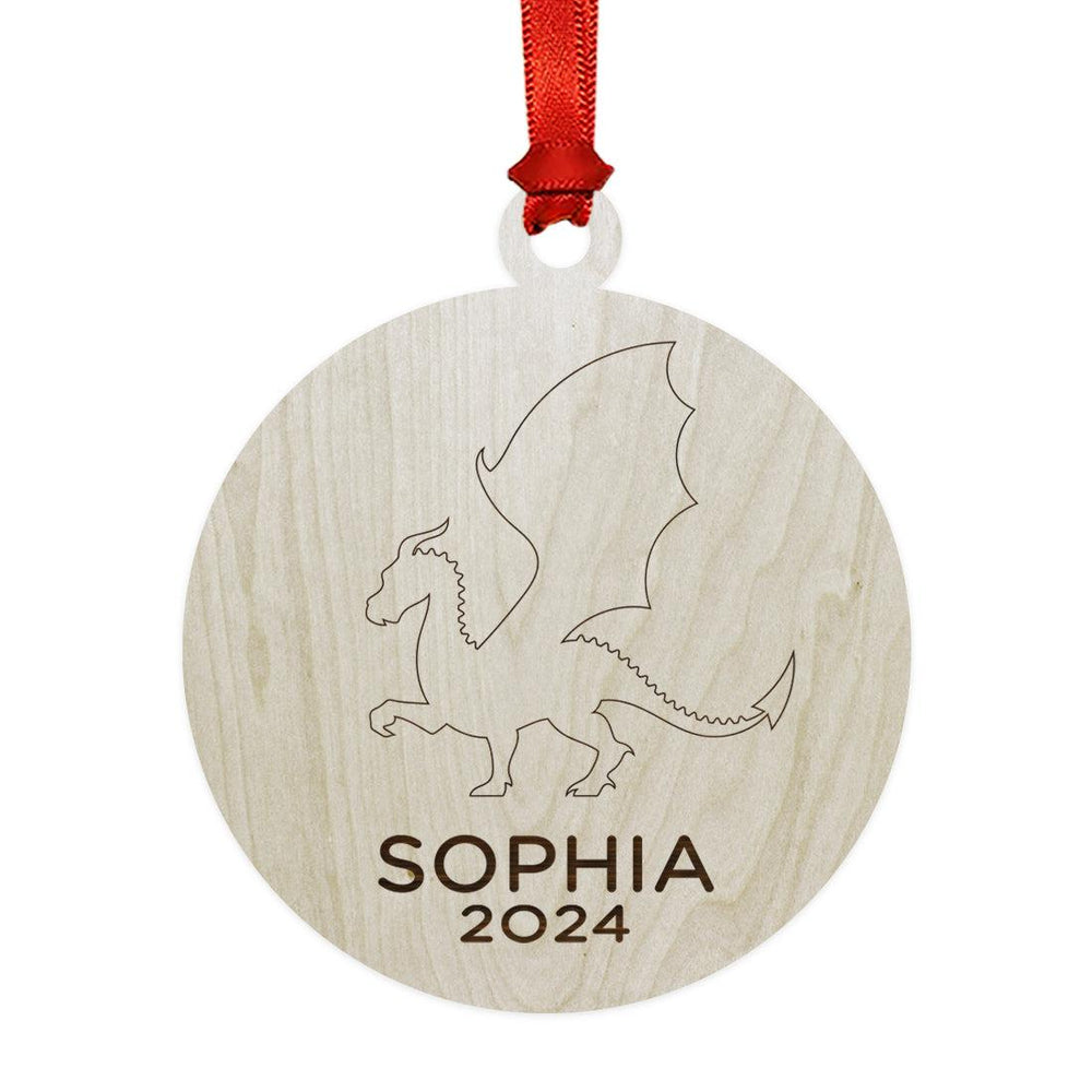 Set of 1 Laser Engraved Custom Christmas Dragon Ornament 20XX for Tree Unique Holiday Decor-Set of 1-Andaz Press-Round Laser Engraved Dragon-