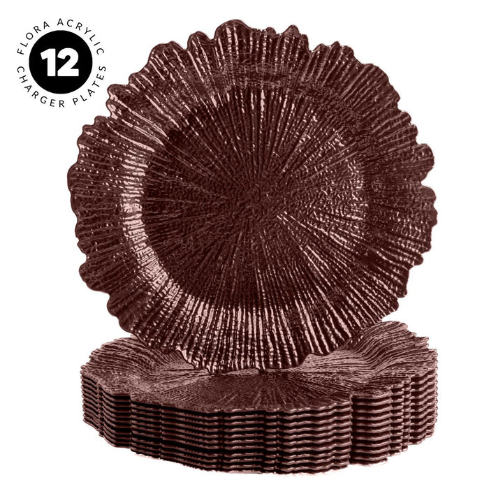 Set of 12 Acrylic Charger Plates Round Flora Bulk Pack-Koyal Wholesale-Burgundy-Set of 12-