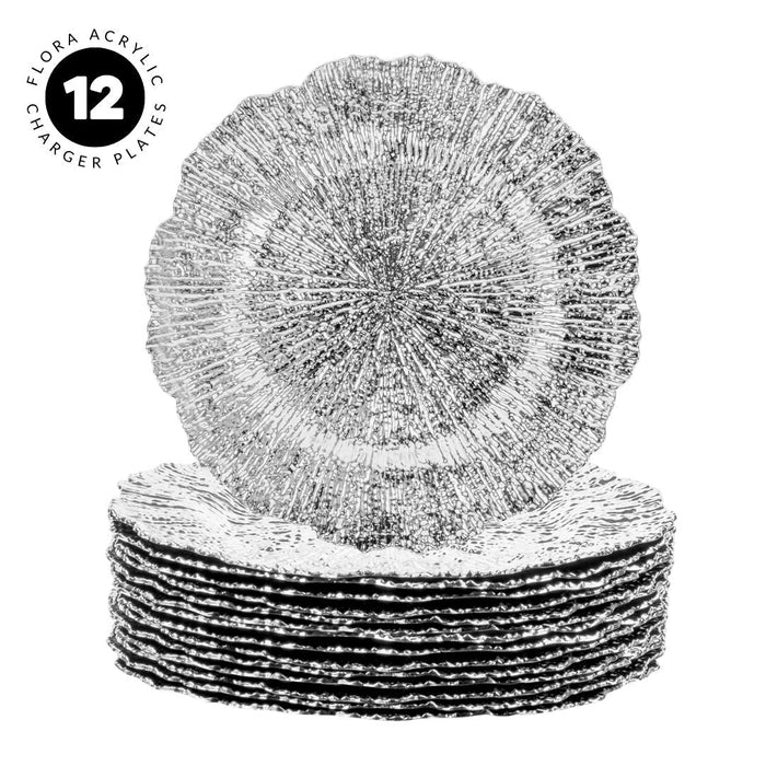 Set of 12 Acrylic Charger Plates Round Flora Bulk Pack-Koyal Wholesale-Metallic Silver-Set of 12-