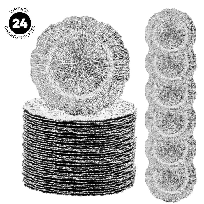 Set of 12 Acrylic Charger Plates Round Flora Bulk Pack-Koyal Wholesale-Metallic Silver-Set of 24-