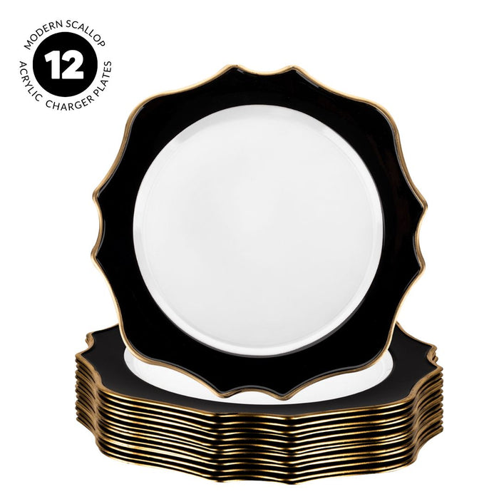 Set of 12 Acrylic Charger Plates Round with Gold Modern Scallop Edge-Set 12-Koyal Wholesale-Black-Set of 12-