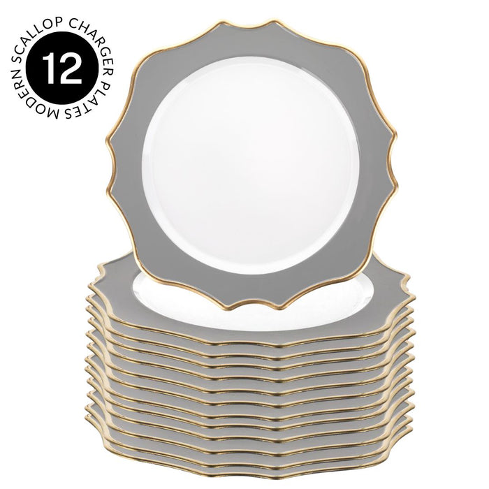 Set of 12 Acrylic Charger Plates Round with Gold Modern Scallop Edge-Set 12-Koyal Wholesale-Grey-Set of 12-