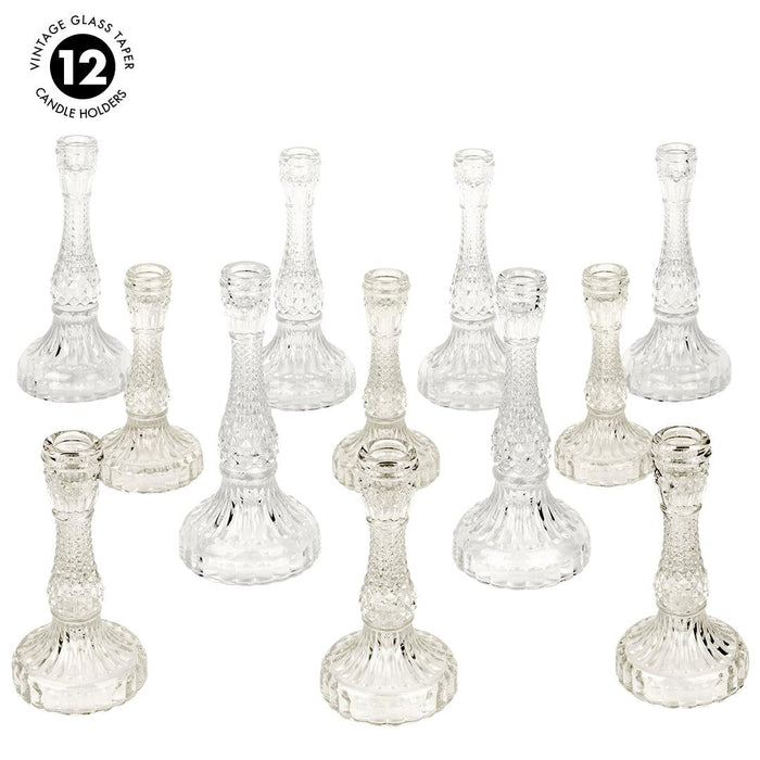 Set of 12 Distressed Mismatched Vintage Glass Taper Candle Holders-Set of 12-Koyal Wholesale-Clear-