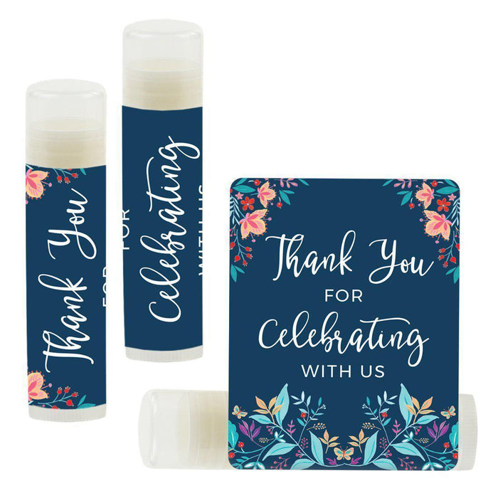Set of 12 Lip Balm Birthday Party Favors, Thank You for Celebrating with Us-Set of 12-Andaz Press-Bold Springtime Flowers and Butterflies-