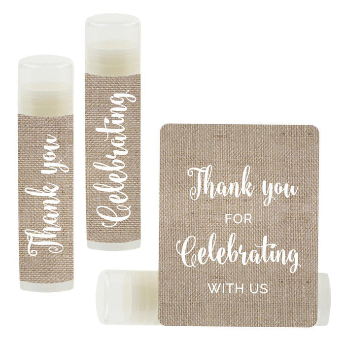 Set of 12 Lip Balm Birthday Party Favors, Thank You for Celebrating with Us-Set of 12-Andaz Press-Burlap-