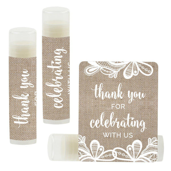 Set of 12 Lip Balm Birthday Party Favors, Thank You for Celebrating with Us-Set of 12-Andaz Press-Burlap Lace-