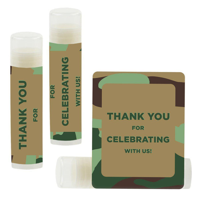 Set of 12 Lip Balm Birthday Party Favors, Thank You for Celebrating with Us-Set of 12-Andaz Press-Camouflage-