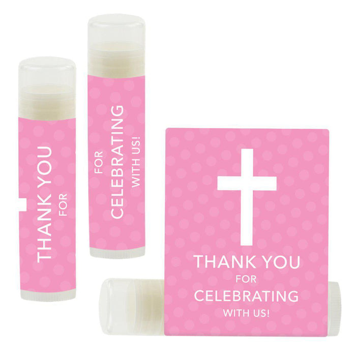 Set of 12 Lip Balm Birthday Party Favors, Thank You for Celebrating with Us-Set of 12-Andaz Press-Christian Cross, Pink-