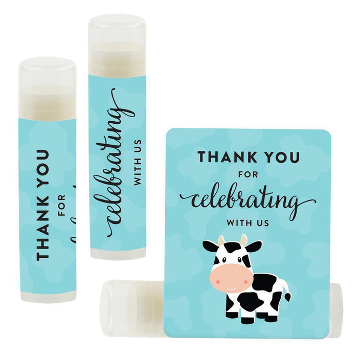Set of 12 Lip Balm Birthday Party Favors, Thank You for Celebrating with Us-Set of 12-Andaz Press-Cow Print-