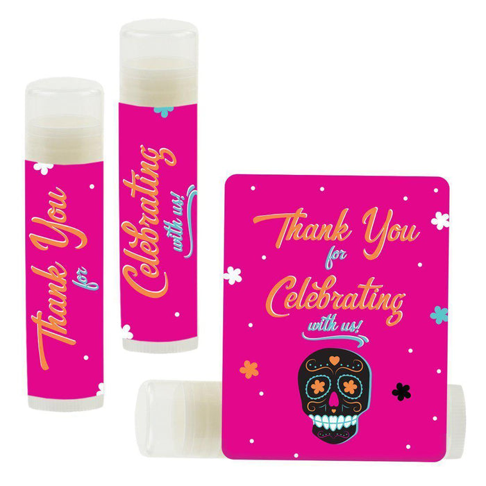 Set of 12 Lip Balm Birthday Party Favors, Thank You for Celebrating with Us-Set of 12-Andaz Press-Day of The Dead Skulls Día de Los Muertos-