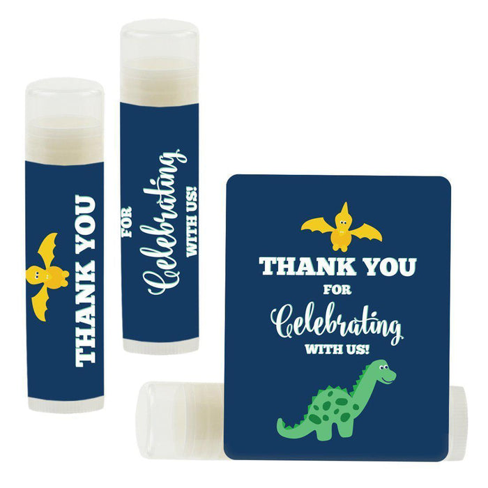 Set of 12 Lip Balm Birthday Party Favors, Thank You for Celebrating with Us-Set of 12-Andaz Press-Dinosaur Navy Blue Background-