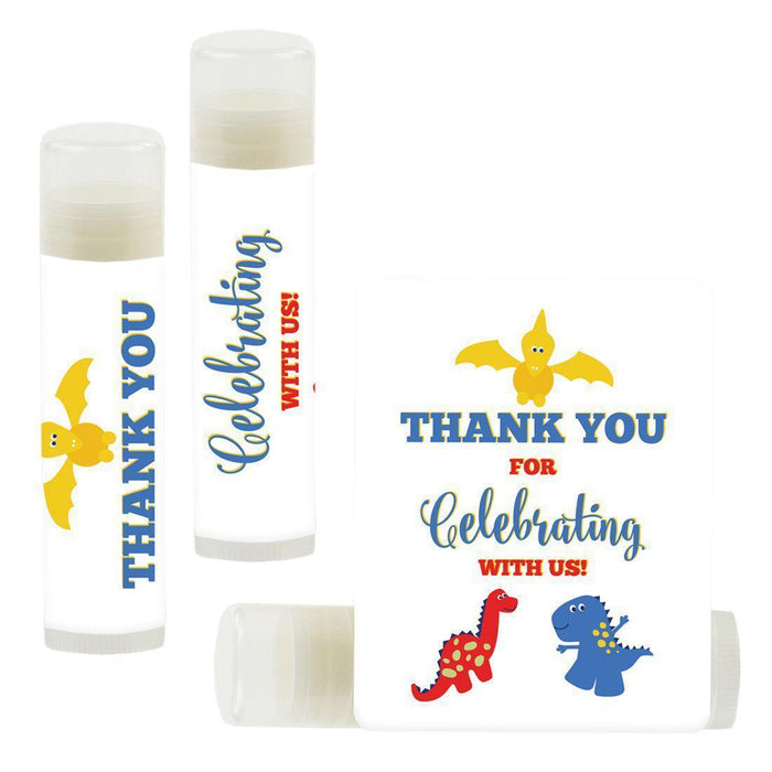 Set of 12 Lip Balm Birthday Party Favors, Thank You for Celebrating with Us-Set of 12-Andaz Press-Dinosaur White Background-
