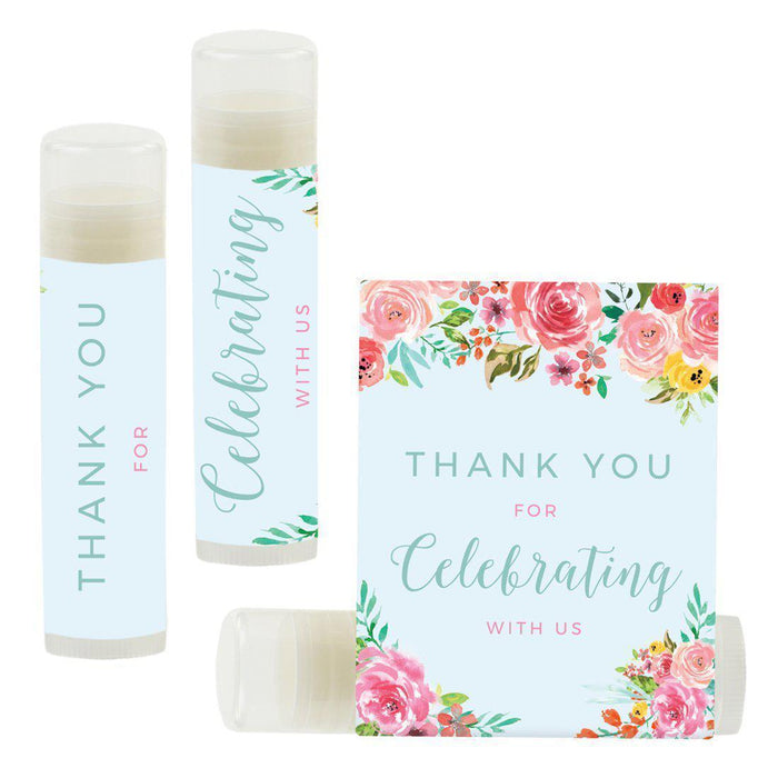 Set of 12 Lip Balm Birthday Party Favors, Thank You for Celebrating with Us-Set of 12-Andaz Press-English Tea Party Pink Florals on Baby Blue-