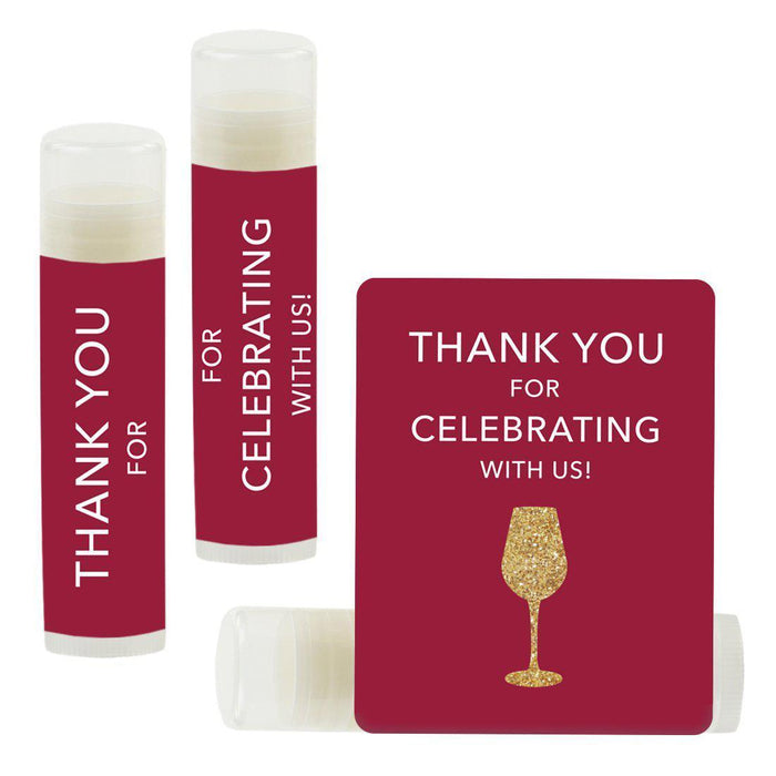 Set of 12 Lip Balm Birthday Party Favors, Thank You for Celebrating with Us-Set of 12-Andaz Press-Gold Glittering Wine Glass on Burgundy-
