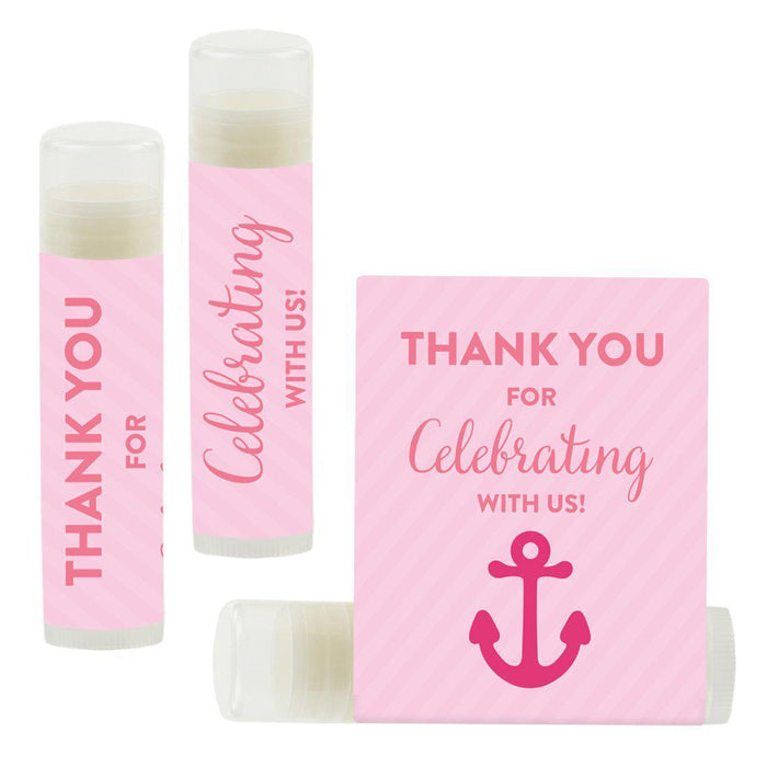 Set of 12 Lip Balm Birthday Party Favors, Thank You for Celebrating with Us-Set of 12-Andaz Press-Nautical Anchor Pink-
