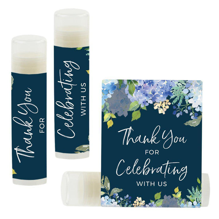Set of 12 Lip Balm Birthday Party Favors, Thank You for Celebrating with Us-Set of 12-Andaz Press-Navy Blue Hydrangeas Floral Flowers-