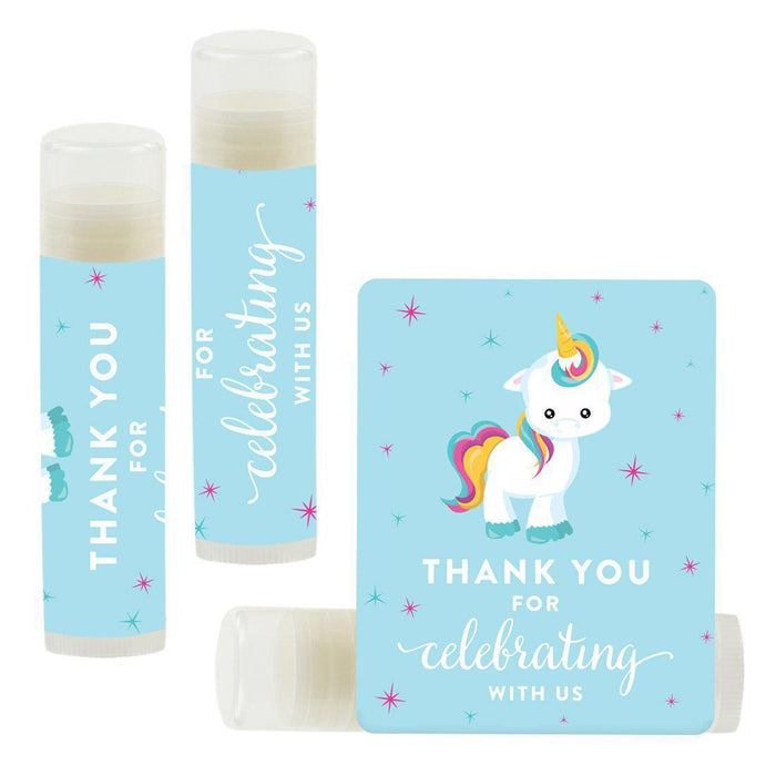 Set of 12 Lip Balm Birthday Party Favors, Thank You for Celebrating with Us-Set of 12-Andaz Press-Pink Unicorn and Rainbow-