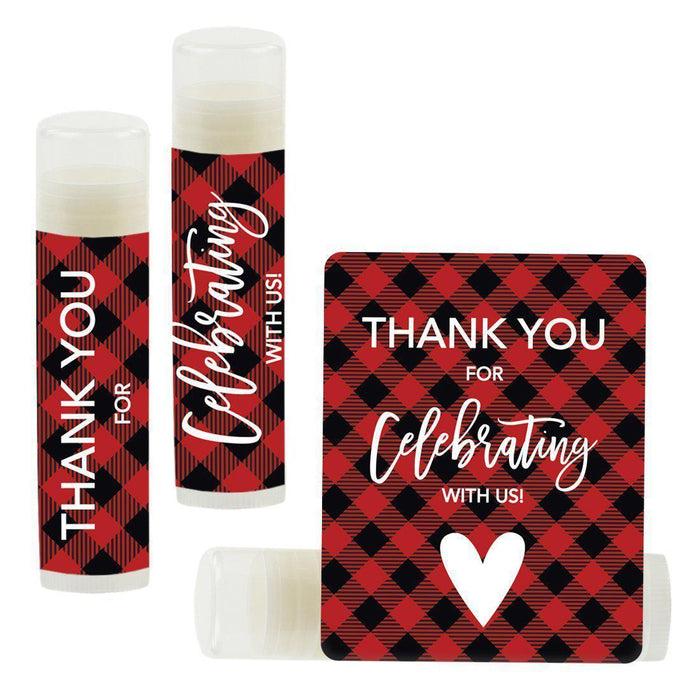 Set of 12 Lip Balm Birthday Party Favors, Thank You for Celebrating with Us-Set of 12-Andaz Press-Red Lumberjack Plaid-