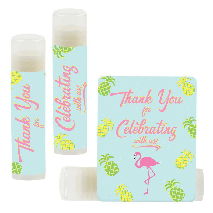 Set of 12 Lip Balm Birthday Party Favors, Thank You for Celebrating with Us-Set of 12-Andaz Press-Tropical Miami Flamingo Pineapple-