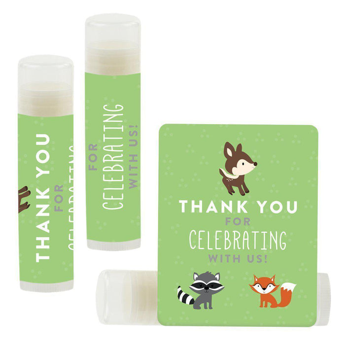 Set of 12 Lip Balm Birthday Party Favors, Thank You for Celebrating with Us-Set of 12-Andaz Press-Woodland Animals Fox and Deer-