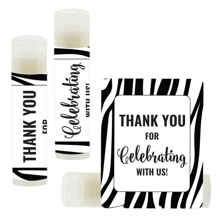 Set of 12 Lip Balm Birthday Party Favors, Thank You for Celebrating with Us-Set of 12-Andaz Press-Zebra Print-