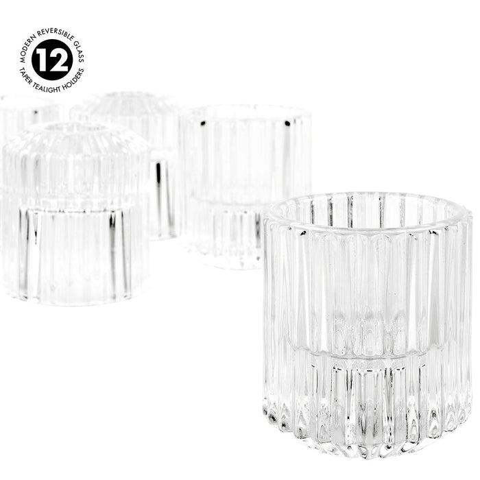 Set of 12 Modern Reversible Glass Taper Tealight Holders-Set of 12-Koyal Wholesale-Clear-