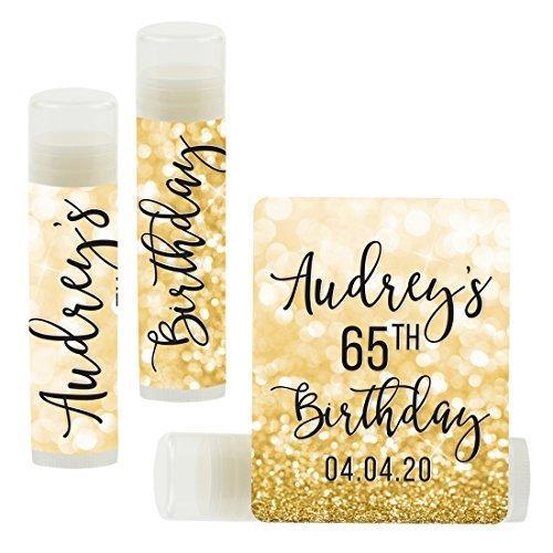 Set of 12 Personalized Milestone Birthday Party Lip Balm Party Favors, Custom Name and Date-Set of 12-Andaz Press-Faux Gold Glitter Shimmer-