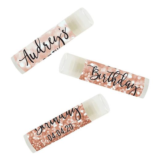 Set of 12 Personalized Milestone Birthday Party Lip Balm Party Favors, Custom Name and Date-Set of 12-Andaz Press-Faux Rose Gold Glitter Shimmer-