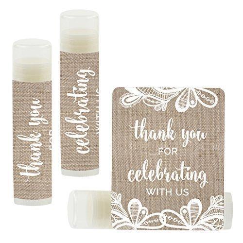 Set of 12 Thank You for Celebrating with US, Lip Balm Favors-Set of 12-Andaz Press-Burlap Lace-