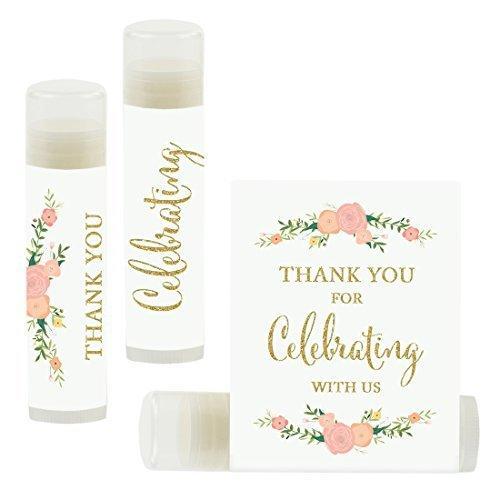 Set of 12 Thank You for Celebrating with US, Lip Balm Favors-Set of 12-Andaz Press-Faux Gold Glitter Print with Florals-