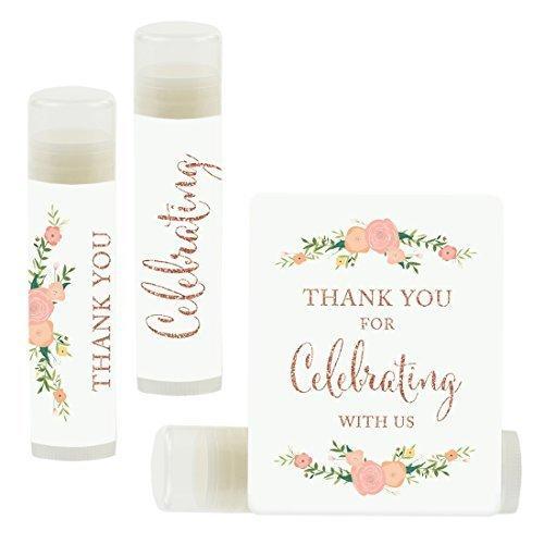 Set of 12 Thank You for Celebrating with US, Lip Balm Favors-Set of 12-Andaz Press-Faux Rose Gold Glitter Print with Florals-