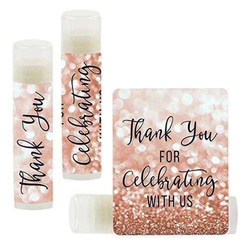 Set of 12 Thank You for Celebrating with US, Lip Balm Favors-Set of 12-Andaz Press-Faux Rose Gold Glitter Shimmer-