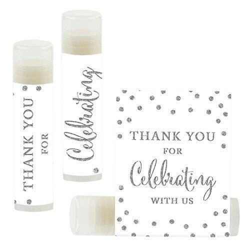 Set of 12 Thank You for Celebrating with US, Lip Balm Favors-Set of 12-Andaz Press-Faux Silver Glitter Print-