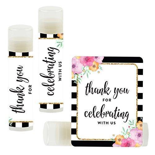 Set of 12 Thank You for Celebrating with US, Lip Balm Favors-Set of 12-Andaz Press-Floral Gold Glitter Print with Black White Stripes-