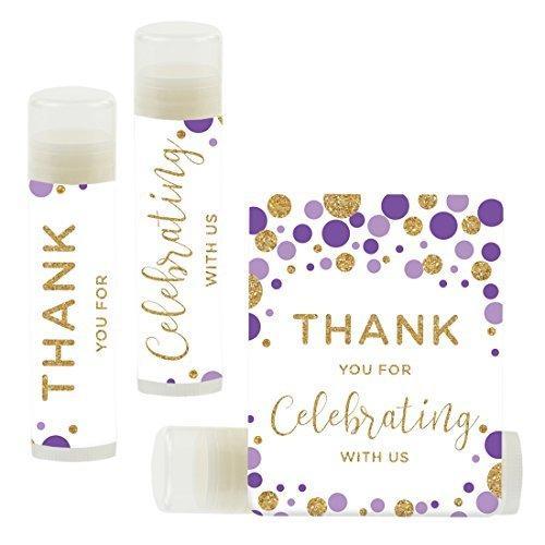 Set of 12 Thank You for Celebrating with US, Lip Balm Favors-Set of 12-Andaz Press-Lavender Purple Faux Gold Glitter Confetti Dots-