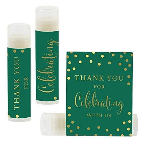 Set of 12 Thank You for Celebrating with US, Lip Balm Favors-Set of 12-Andaz Press-Metallic Gold Ink on Emerald Green-