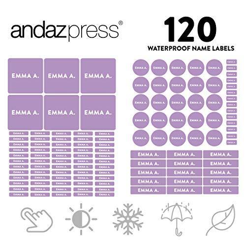 Set of 120 Custom Personalized Waterproof School Name Labels-Set of 120-Andaz Press-Lavender-