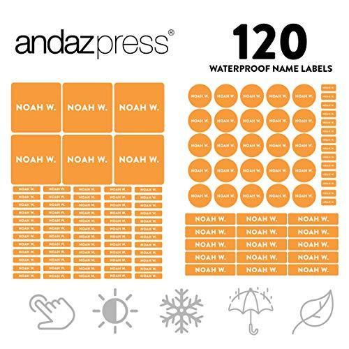 Set of 120 Custom Personalized Waterproof School Name Labels-Set of 120-Andaz Press-Orange-