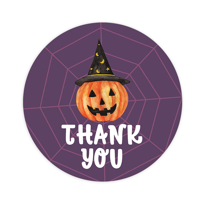 Set of 120 Halloween Thank You Stickers Labels For Kids Treat Bags Goodie, Halloween Party Favors-Set of 120-Andaz Press-Cute Pumpkin with Witch Hat-