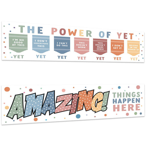 Set of 2 Boho Classroom Banner Poster Sign for Teachers, Door Wall Decor-Set of 2-Andaz Press-The Power of Yet Growth Mindset Posters-