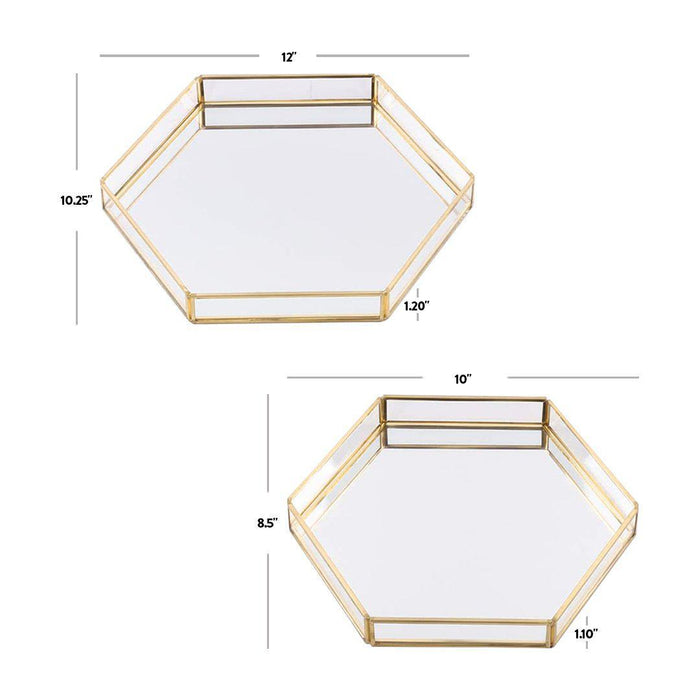 Set of 2 Glass Mirror Hexagonal Trays Vanity Set-Set of 2-Koyal Wholesale-Gold-