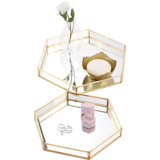 Set of 2 Glass Mirror Hexagonal Trays Vanity Set-Set of 2-Koyal Wholesale-Gold-