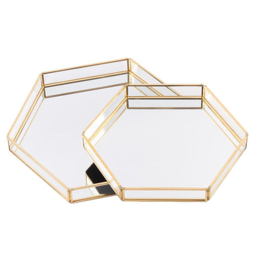 Set of 2 Glass Mirror Hexagonal Trays Vanity Set-Set of 2-Koyal Wholesale-Gold-