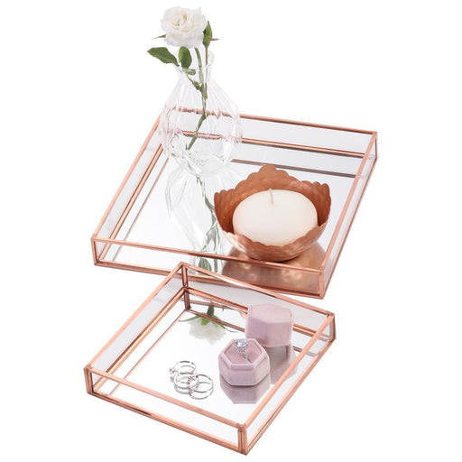 Set of 2 Glass Mirror Square Trays Vanity Set-Set of 2-Koyal Wholesale-Rose Gold-