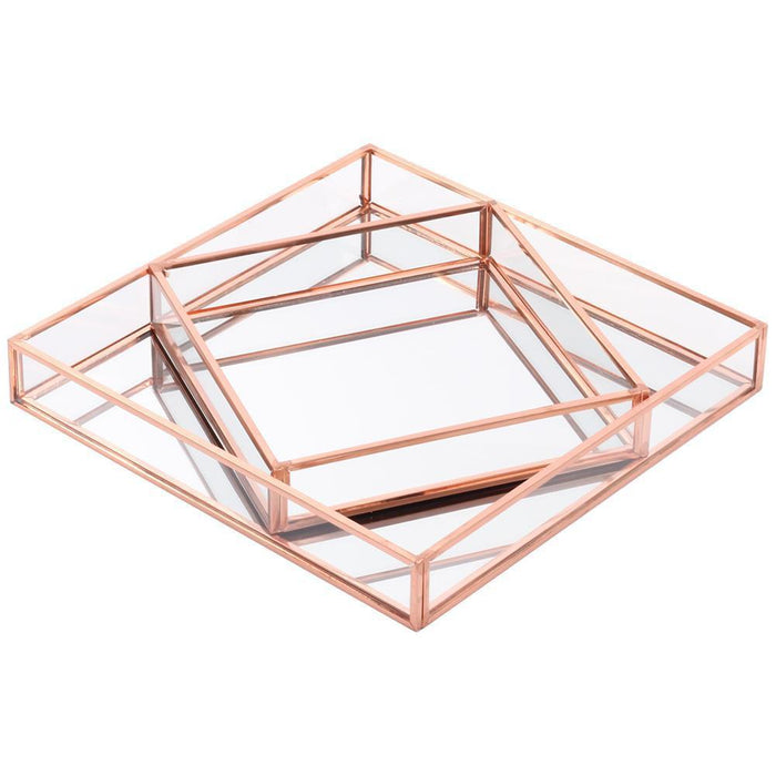 Set of 2 Glass Mirror Square Trays Vanity Set-Set of 2-Koyal Wholesale-Rose Gold-