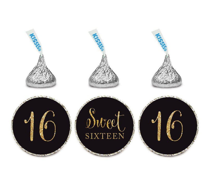 Set of 216 Gold Glitter Sweet 16 Birthday Kisses Stickers-Set of 216-Andaz Press-Black-