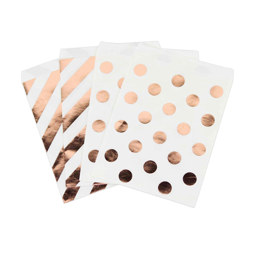 Set of 24 Foil Favor Bags, Polka Dots and Striped, Shiny Metallic-Set of 24-Andaz Press-Rose Gold-