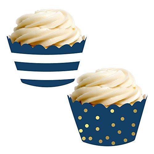 Set of 24 Navy Blue Stripes and Metallic Gold Ink Polka Dots Cupcake Wrappers-set of 24-Andaz Press-