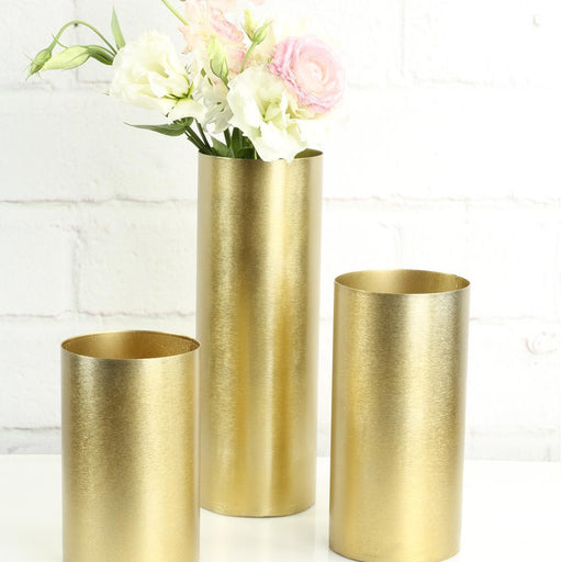 Set of 3 Brushed Metal Cylinder Vase Set-Set of 3-Koyal Wholesale-Gold-